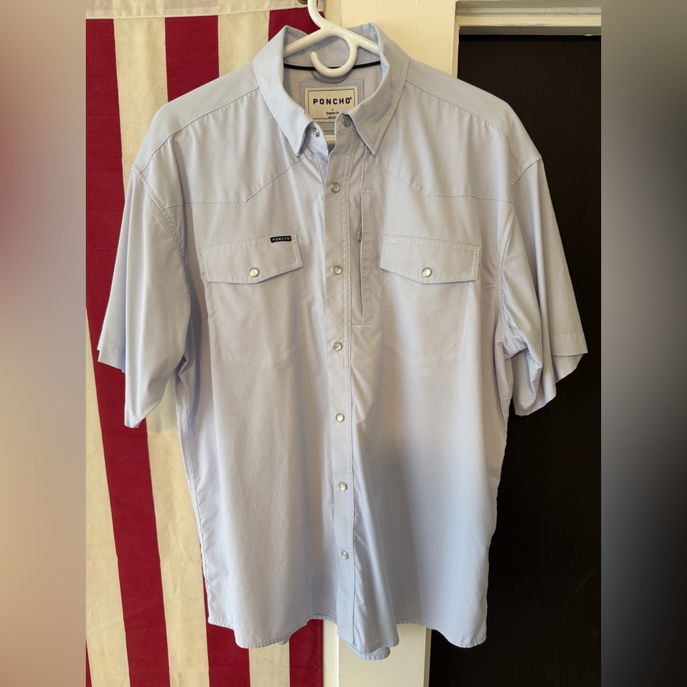 Poncho “The Padre” Short Sleeve Snap Shirt; Blue Microcheck; Large; Regular